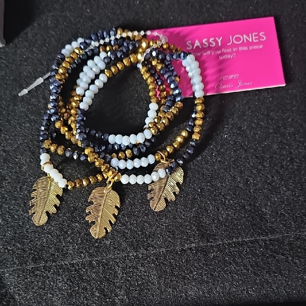 Sassy Jones Gold, Blue, and White Feather Charm Bracelet